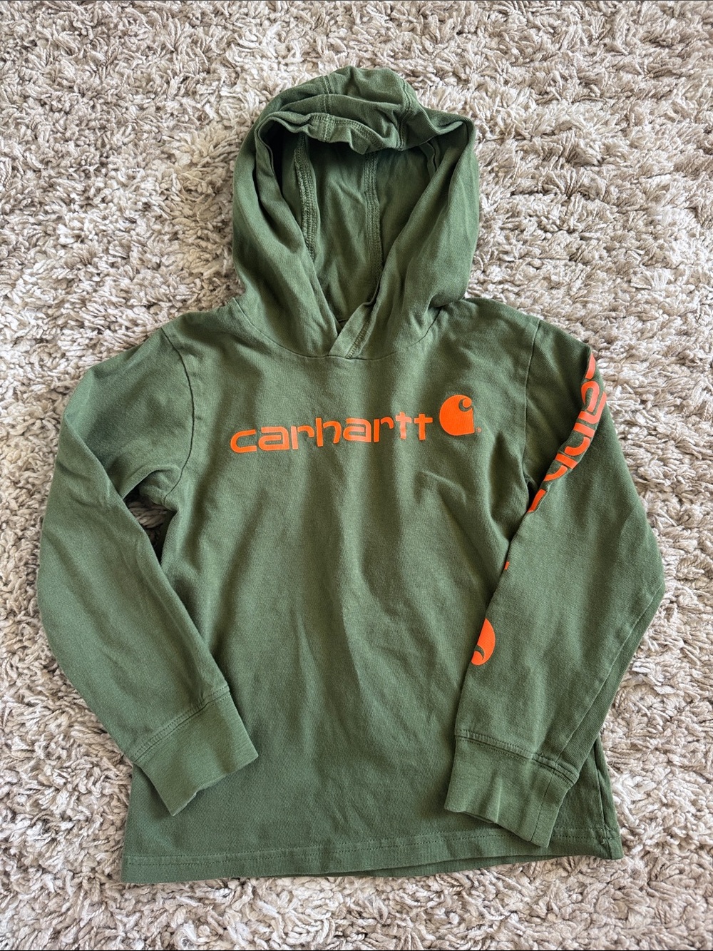 Carhartt Kids Olive Green Hoodie with Orange Logo